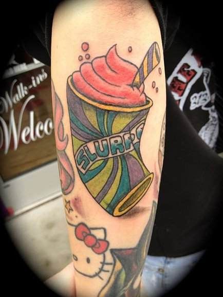 Not my favorite slurpee cup and artwork isn't perfect, but I thought this would be fun. 8/10. This one doesn't have to be big, it can be smaller like the lost boys ones Slurpee Cup, Dog Pizza, Hot Dog Pizza, Traditional Tattoo Sleeve, The Lost Boys, Tattoo Designs For Girls, Snack Foods, Lost Boys, Slushies