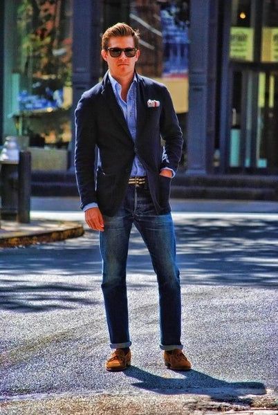 What To Wear With Dark Denim | Men’s Guide To Dark Blue Jeans Sport Coat And Jeans, Loafers And Jeans, Outfit Blazer, Dress Code Casual, Herren Style, Dress Blazer, Blazer Jeans, Outfit Jeans, Mode Casual