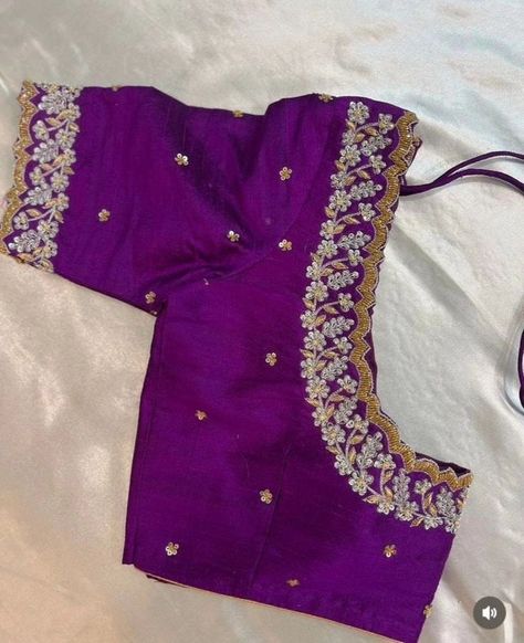 "Purple Maggam Work Blouse at SM Designs – Royal Elegance! 💜 Step into sophistication with our Purple Maggam Work Blouse, designed to add a regal touch to your ethnic wardrobe. Crafted with intricate maggam embroidery on high-quality Half Pattu/Raw Silk, this blouse is perfect for weddings, festive celebrations, and special occasions. Customizable to suit your style, this elegant piece will make you stand out effortlessly. 🌸 Fabric: Half Pattu / Raw Silk 🌸 Price: ₹2000 for unstitched, ₹2550... Violet Blouse Designs, Silk Saree Blouse Styles, Simple Zardosi Work Blouses, Zardosi Blouse, Embroidery Blouse Saree, Hand Embroidery Blouse, Ready Made Blouse, Maggam Blouse, Saree Blouse Styles