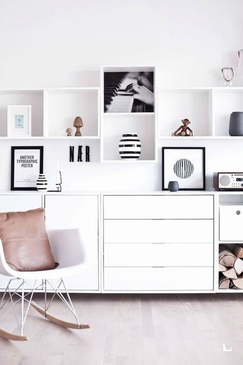 20 Practical Wall Ideas With Ikea EKET Cabinet | Home Design And Interior Ikea Wall Storage, Scandinavian Shelves, Ikea Eket, Ikea Wall, White Room, White Furniture, Decor Minimalist, Wall Storage, A Living Room