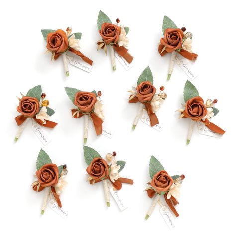 PRICES MAY VARY. Size: Each piece is approx. 2.7" W x 4.7" H; Diameter of the rose: 1.7 inches. Material: The boutonnieres are made of real-looking artificial flowers and greenery, dotted with some exquisite accessories. Great Value: A set of 10 boutonnieres may fit the number of the groom, groomsman, and guests. The boutonniere goes well with the bridal bouquet. Pre-Made & Convenient: The boutonniere for men will never wilt and be ready whenever you need them so you can order these ahead of tim Terracotta Boutonniere, Orange Boutonniere, Boutonnieres Prom, Formal Dinner Party, Groomsmen Boutonniere, Dusty Rose Wedding, Wedding Groomsmen, Diy Wedding Bouquet, Corsage Wedding