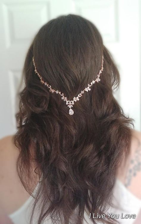 Rose Gold Bridal Hair Chain-Rose Gold Hair Jewelry-Rose Gold Hair Accessory-Rose Gold Bridal Headpiece-Bridal Hair Drape-Wedding Hair Chain-CZ Crystal Flower Rose Gold Bridal Hair Chain.  What lovely gold with Cubic Zircon flowers to have glimmering in your hair. We wanted to bring a little of the Prom Hair Decorations, Boho Bridal Jewelry Rose Gold, Hairstyle For Layered Hair Wedding, Bride Headpiece Hair Down, Rose Gold Bridal Hair Piece, Wedding Hair Chain, Rose Gold Bridal Headpiece, Hair Chain Wedding, Gold Headpiece Wedding