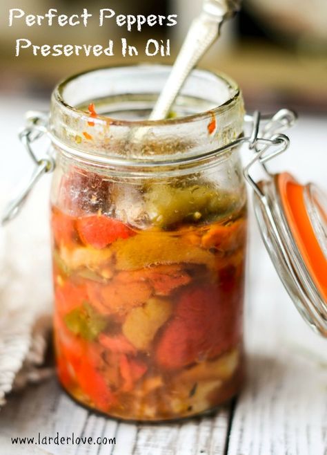 super easy recipe to make peppers preserved in oil with garlic and thyme, super tasty and cheap to make. Preserve Peppers, Peppers In Oil, Preserving Peppers, Canning Veggies, Lunch Board, Moussaka Recipe, Liquor Recipes, Ball Jar, Hot Peppers