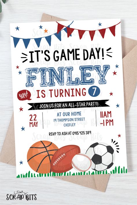 Looking for the perfect invitation to make your Sports Themed Birthday a BIT more special? We've got you covered! Dazzle them with this one-of-a-kind invite as unique as you! Sports Party Invitations, Sports Birthday Invitations, Printable Sports, Invitation Unique, Sports Theme Birthday, Brochure Paper, It Game, Sports Birthday, Sports Party