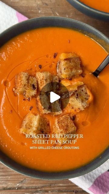 Soup With Grilled Cheese, Grilled Cheese Croutons, Crowded Kitchen, Cheese Croutons, Roasted Red Pepper Soup, Red Pepper Soup, Healthy Vegetable Recipes, Pepper Soup, Roasted Red Pepper