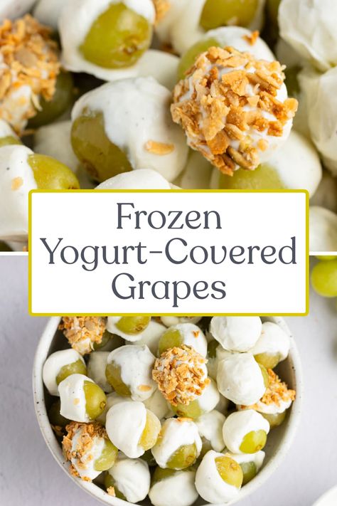 Frozen yogurt-covered grapes are an easy, healthy, and delicious way to satisfy an afternoon sweet tooth. With juicy, crisp green grapes and a coating of rich vanilla yogurt, these are a super tasty frozen snack that you and your kids will love. Top them with your favorite granola for a little extra crunch. I bet you can’t eat just one! Grape Recipes Healthy, Frozen Grapes Recipe, Green Grapes Recipes, Yogurt Covered Fruit, Grape Snacks, Candied Grapes Recipe, Grape Dessert, Savory Dips, Fruit Dips