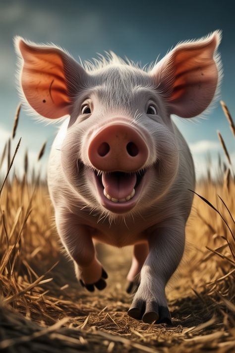 a pig running across a dry grass field, digital art Funny Pig Pictures, Baby Animal Painting, Animal Caricature, Pig Pictures, Funny Animals With Captions, Funny Pigs, Pig Art, Animal Magic