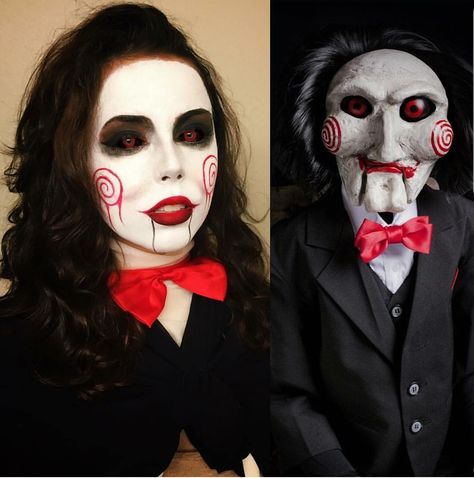 Jigsaw costume Jigsaw Makeup Woman, Saw Halloween Costume Women, Jigsaw Costume Women, Saw Halloween Costume, Jigsaw Costume, Jigsaw Halloween, Saw Halloween, Badass Halloween Costumes, Halloweenský Makeup