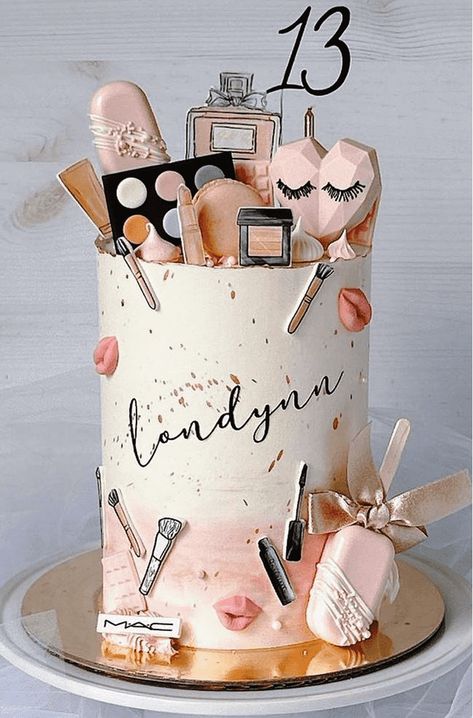 4 Inch Birthday Cake Ideas, Cake With Makeup Decoration, Cake Designs For Teenage Girl, Makeup Cake Design, Birthday Cake Makeup, Makeup Birthday Cake, Teen Birthday Cake, Cakes For Teenagers, Makeup Birthday Cakes