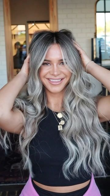 Ice Blonde With Dark Roots, Full Ash Blonde Hair, Brown Hair With Icy Blonde Money Pieces, Ashy Grey Blonde Hair, Full Hair Color Ideas, Bronde Balayage Icy, Bright Ashy Blonde Hair, Icy Brunette, Full Head Babylights Blonde