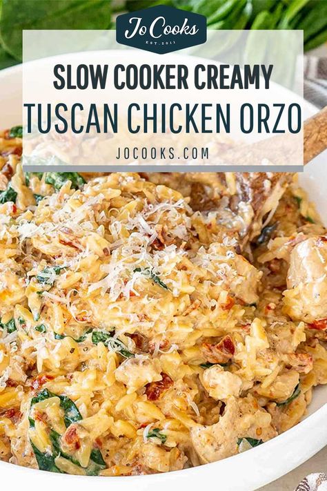 Whip up this heavenly Slow Cooker Creamy Tuscan Chicken Orzo for a no-fuss, flavor-packed dinner! #EasyDinnerIdeas #SlowCookerRecipes 🍲👩‍🍳 Easy Crockpot Recipes Family, Damn Delicious Crockpot Recipes, 7 Hour Crock Pot Recipes, Health Easy Dinner Recipes Crock Pot, Cozy Crockpot Meals Healthy, Creamy Marry Me Chicken Orzo Crockpot, Crockpot Chicken With Sundried Tomatoes, Chicken Orzo Recipes Crockpot, Tucson Chicken Orzo