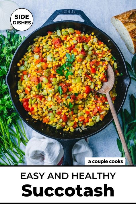 This classic Succotash recipe is a great way to infuse vegetables into any meal! It's a healthy side dish with a long history. #succotash #succotashrecipe Succotash Recipes, Succotash Recipe, Beach Recipes, Winter Salad Recipes, Salad Dressing Recipes Healthy, Savory Sides, A Couple Cooks, Deliciously Ella, Tilapia Recipes