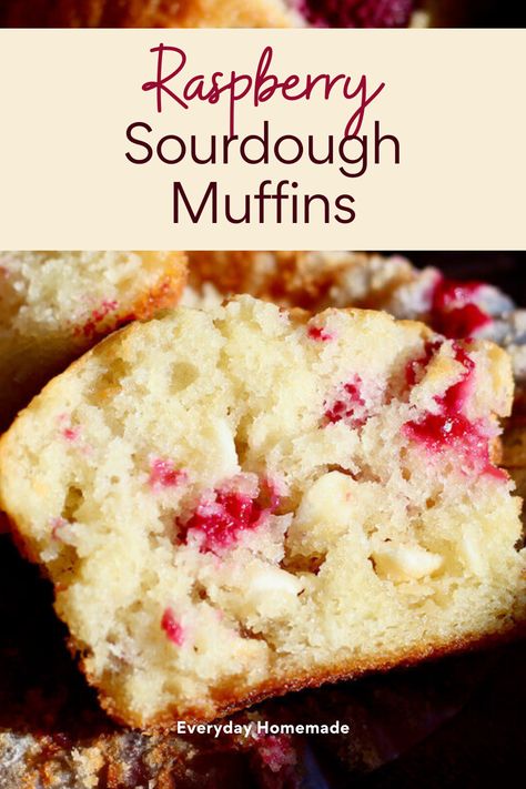 These Raspberry Sourdough Muffins are an easy, same-day recipe using sourdough starter discard. Soft and tender, they're filled with fresh or frozen raspberries and white chocolate chips, perfect for breakfast, brunch, or a quick snack. A delicious way to enjoy sourdough baking and use up discard in sweet berry muffins! Sourdough Berry Muffins, Sourdough Discard Raspberry Muffins, Raspberry Sourdough, Sourdough Raspberry, Sourdough Muffin, Discard Muffins, Raspberry White Chocolate Muffins, Using Sourdough Starter, Egg Free Muffins