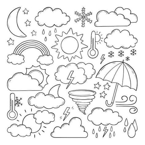 Rain Doodle, Weather Doodles, Travel Doodle, Weather For Kids, Kawaii Weather, April Preschool, Weather Weather, Weather Books, Travel Doodles