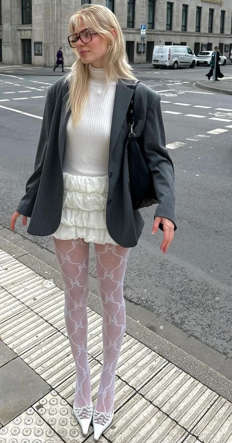 White Dress Black Tights Winter, Diamond Tights Outfit, White Fishnet Tights Outfit, White Skirt White Tights, White Stockings Outfit Aesthetic, White Tights Outfit Winter, White Lace Tights Outfit, White Skirt Fall Outfit, White Stockings Outfit