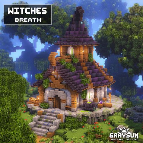 Minecraft Houses Witch Hut, Witch Cottage Minecraft House, Minecraft Medieval Potion Shop, Potions House Minecraft, Cute Witch House Minecraft, Amethyst Base Minecraft, Potion Minecraft Room, Minecraft Building Ideas Witch, Potion Room Minecraft Design