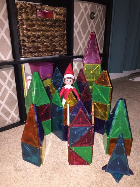 Elf on the shelf day 30!! Jingle Bell made herself a castle with the magna-tiles!!! Elf On The Shelf Magnet Tiles, Elf On The Shelf Ideas Magnatiles, Elf Magnatiles, Elf On The Shelf Magnatiles, Duke Kaboom, Elf Castle, Awesome Paintings, Elf Ideas Easy, Magna Tiles