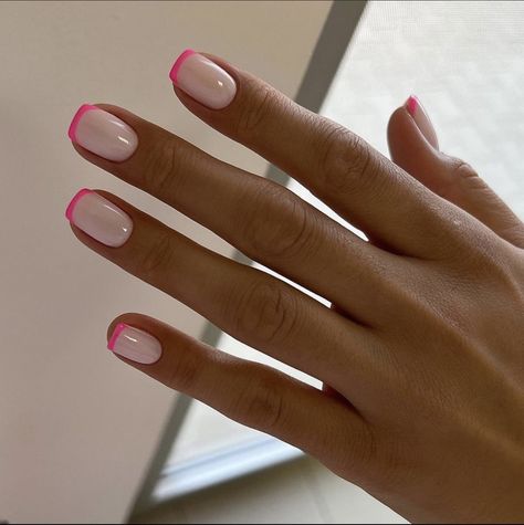 Blush French Nails, Colored French Tip Dip Nails, Classy Summer Dip Nails, Short Blush Nails, Pink Bachelorette Nails, Biab Nails Summer, Blushing Nails, Pink Tip Nails, Pink French Nails