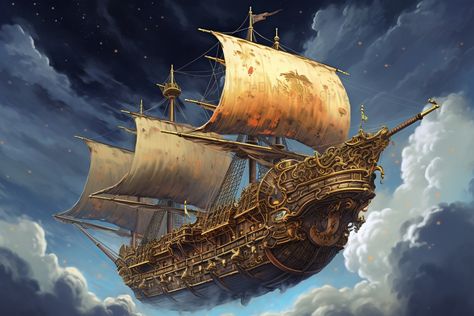 Futuristic Pirate Ship, Flying Ship Fantasy Art, Fantasy Transportation, Airship Art, Pirate Ship Art, Flying Ship, Steampunk Aesthetic, Pirate Boats, Ghost Ship