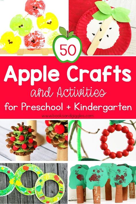 Apple crafts are a fun way to start the fall season. These 50 ideas for preschool and kindergarten are all SO much fun! #applecrafts #appleactivities #booksandgiggles #preschool #kindergarten Apple Crafts Preschool, Apple Theme Activities, Preschool Apple Activities, Preschool Apple Theme, Apple Kindergarten, Apple Crafts, Summer Preschool Activities, September Crafts, Apple Preschool