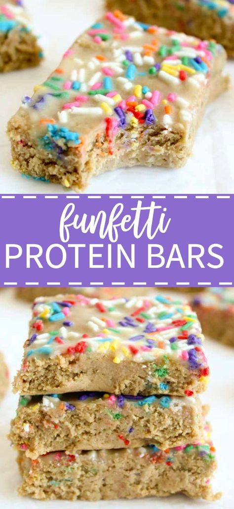 Calling on sprinkles lovers! These funfetti protein bars are filled with cake batter protein and taste just like funfetti cake. This recipe requires no baking and without refined sugar. Eat a bar before or after the workout and these chewy protein bars will fuel your day. Soy Free Cake, Healthy Cake Batter, Cake Batter Bars, Dairy Free Protein Bars, Perfect Bars, Gluten Free Breakfast Bars, Cake Batter Protein, Vanilla Shakeology, Healthy Protein Bars