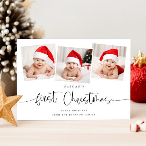 Minimalist Babys First Christmas 3 Photo Cute Holiday Card #zazzle #weddinginvitations #birthdayinvitations #babyshowerinvitations #zazzleinvitations #monogram #businesscards #graduation #homedecor Baby Christmas Cards Photo, Baby Holiday Card, Baby Christmas Card, Baby's First Christmas Card, First Christmas Photos, Babys First Christmas, Photo Christmas Ornaments, Photo Cute, Newborn Christmas