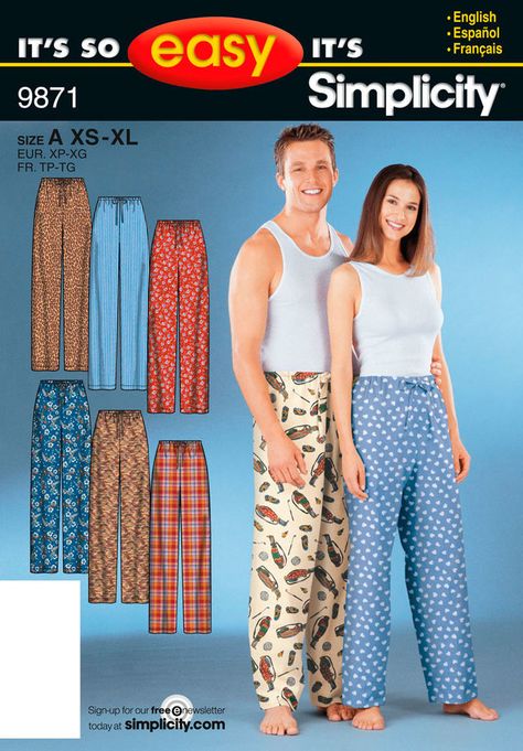 It's So Easy Miss & Men Sleepwear Sewing Patterns For Men, Pajama Pants Pattern, Kung Fu Pants, Teen Pants, Pijamas Women, New Look Patterns, Embroidery Clothes, Unisex Pajamas, Pants Sewing