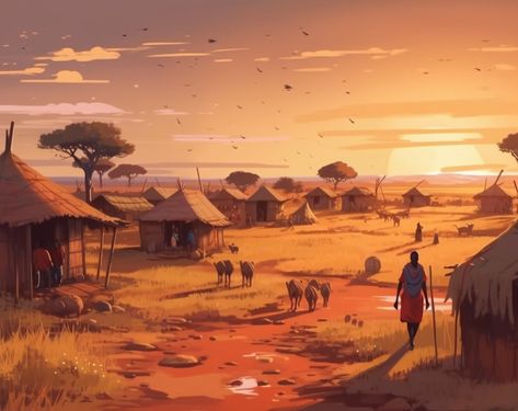 Africa Aesthetic Art, Africa Fantasy City, African Village Concept Art, African Village Art, Africa Background, African Village Fantasy Art, Fantasy Africa, African Village Aesthetic, African Village Illustration