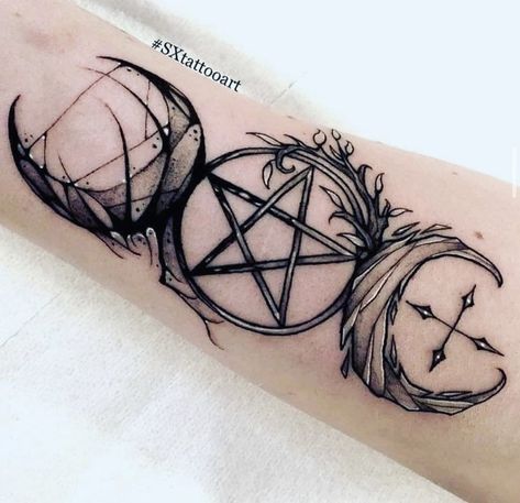 Triple Moon Tattoo, Planchette Tattoo, Wicca Tattoo, Pentagram Tattoo, Witchcraft Tattoos, Pagan Tattoo, Wiccan Tattoos, Men Tattoos, Witch Tattoo