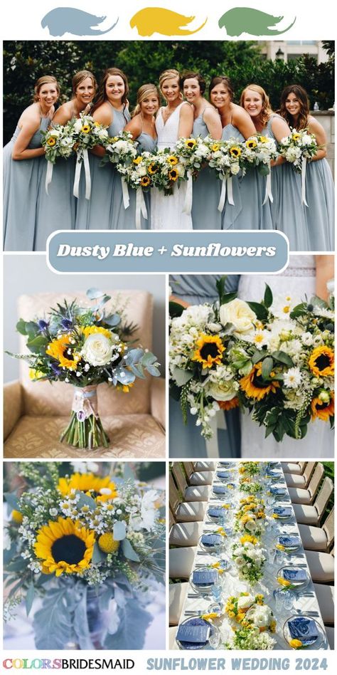 Navy Blue And Yellow Flower Arrangements, Navy Sage Yellow Wedding, Yellow Dusty Blue Wedding, Steel Blue And Sunflower Wedding, Sunflower Wedding Colors Fall, Sunflower Bridesmaid, Sunflowers Wedding Ideas, Sunflower With Blue Flowers, Navy And Sunflowers Wedding