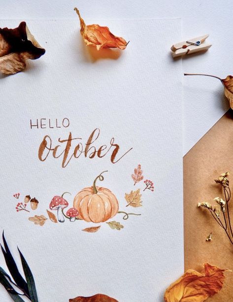 A cozy vibe for this season  #autumn #watercolor #painting #illustration October Drawings, October Watercolor, Autumn Calligraphy, Autumn Journaling, Watercolor Recipe, Pumpkin Watercolor, Autumn Watercolor, Homemade Birthday Cards, Hello October