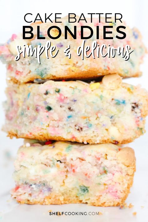 Whip up a scrumptious dessert in no time—these cake batter blondies are perfect! Blondies Recipe Easy Cake Mixes, Quick And Easy Cake Mix Desserts, White Cake Mix Desserts Easy, Dessert With White Cake Mix Boxes, Cake Mix Blondies Recipe, Sprinkle Blondies, White Cake Mix Desserts, Blondie Brownies Recipe, Pregnancy Desserts