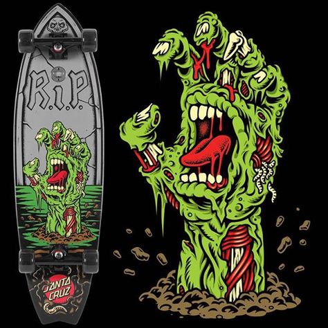 Surfboard RIP Green Screaming Hand by Jim Phillips Punk Graphic Design, Skate Logo, Se Bikes, Zombie Hands, Skateboard Designs, Skateboard Logo, Skate Boards, Skateboard Deck Art, Skate Stickers