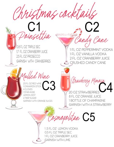 Signature Holiday drink Menu | Vinylbug Designs Signature Winter Cocktails, Wedding Cocktails Winter, Holiday Ornament Drinks, Red Christmas Cocktails Holiday Drinks, Christmas Cocktail Party Menu Ideas, Christmas Drink Display, Holiday Drink Board, Holiday Drinks Recipes, Mistletoe And Margaritas Party Decor