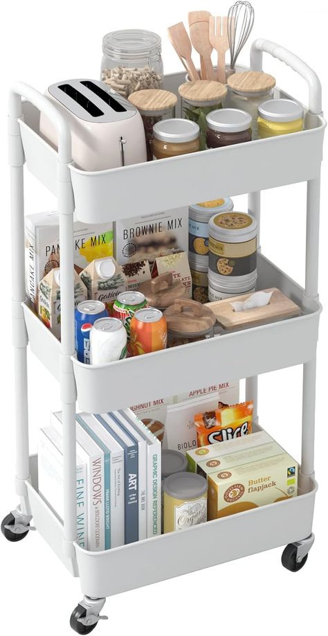 Sywhitta 3-tier Storage Rack on Wheels, Kitchen Storage Utility Cart, Rolling Storage Rack for Bedroom, Bathroom, Office, White Crafting Shed, Organise Kitchen, Storage Utility, Study Desk Decor, Storage Trolley, Rolling Storage, Utility Cart, Classroom Supplies, Laundry Storage