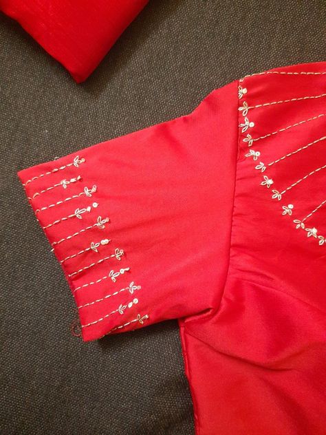 Hand embroidery, delicate work, sleeves design Simple Hand Embroidery Designs For Blouse Sleeves, Hand Embroidery On Sleeves, Simple Hand Embroidery Designs, Work On Sleeves, Hand Embroidery Work, Aari Blouse, Emb Designs, Hand Embroidery Videos