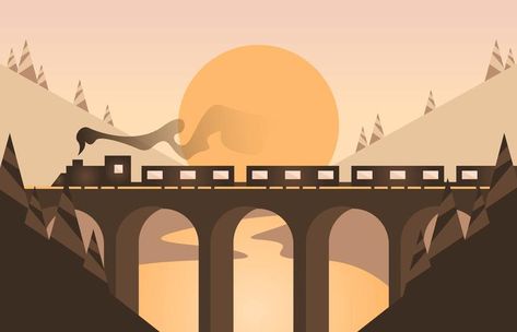 Bridge Vector, Train Vector, Trestle Bridge, Train Illustration, Bridge Art, Illustration Flat, Illustration Art Design, Flat Design Illustration, Minimalist Landscape