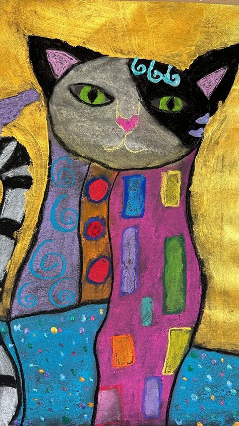 This GUSTAV KLIMT cat project never disappoints!! Love to use chalk pastels on black paper and by adding gold paint for the background and metallic paint for little details it turns into an amazing piece of art!!! All the kids were so proud of their pieces! Love them all! . . . #gustavklimt #klimt #klimtcats #catsofinstagram #cats #chalkpastels #chalkpastelsonblack #directinstruction #metallicpaint #goldpaint #kidsart #artcamp #summerfun #summercamp #artclassesforkids #artschool #cypresstx #hou Klimt Cat Art, Klimt Art Project, Klimt Art Projects For Kids, Cat Chalk Art, Cat Art Projects For Kids, Cat Art For Kids, Pastels On Black Paper, Klimt Cat, Starfish Painting