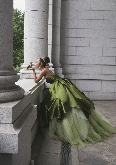 tiana aesthetic | the princess and the frog Prom Dresses Tiana, Sweet 16 Dresses Princess And The Frog, Princess Tiana Quinceanera Dresses, Princess And The Frog Quinceanera Theme Dress, Princess And The Frog Photoshoot Ideas, Big Green Dress, Princess Tiana Sweet 16 Ideas Decoration, Princess Tiana Sweet 16 Ideas Dress, Tiana Quinceanera Dress