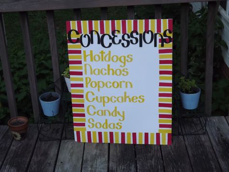 Movie Night Concession Stand Menu Board Concession Stand Menu Board, Homemade Movie Theater, Movie Theater Concession, Concession Stand Menu, Concession Stand Sign, Concession Stand Food, Race Birthday, Outside Movie, Homemade Decorations