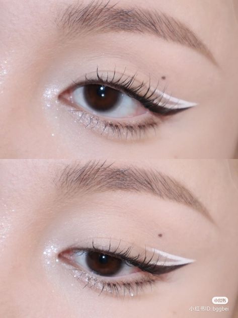 Makeup Look For White Outfit, White Eyeliner Asian, White Makeup Ideas, Graphic Eyeliner Looks, White Eye Makeup, Disco Makeup, Doll Eye Makeup, Korean Eye Makeup, White Makeup