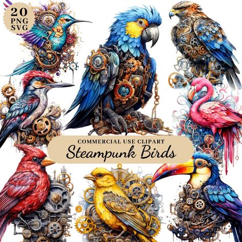 CraftersOasisArt - Etsy Steampunk Paper Crafts, Steampunk Flowers, Steampunk Bird, Steampunk Animals, Steampunk Halloween, Baby Shower Clipart, Bird Clipart, Pumpkin Clipart, Colorful Parrots