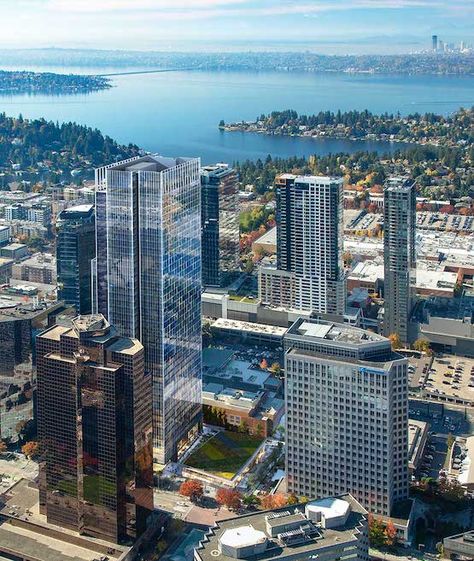 Amazon begins shifting 2,000 employees from Seattle to new Bellevue office towers – GeekWire Office Tower, Light Rail, Puget Sound, Commercial Real Estate, Office Building, How To Level Ground, Seattle, Tower, Real Estate