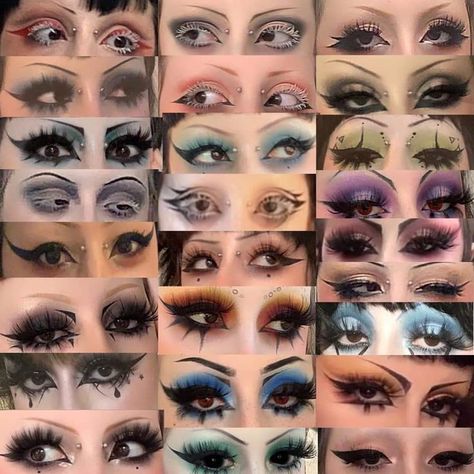 Eyeliner Lashes Make Up, Upward Wing Eyeliner, Cool Simple Makeup Looks, Eye Makeup Gothic, Cool Alt Eyeliner, Cute Gothic Makeup Looks, Punk Makeup Looks Eyes, Goth Liner Makeup, Y2k Punk Makeup