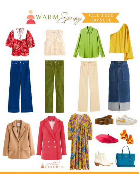 True Spring Color Palette Outfits Capsule Wardrobe, Warm Spring Outfit Ideas, Spring Colour Palette Outfits, True Spring Capsule Wardrobe, Warm Spring Capsule Wardrobe, Warm Spring Color Palette Outfits, Spring Color Palette Outfits, Hoc Spring, Clear Spring Palette