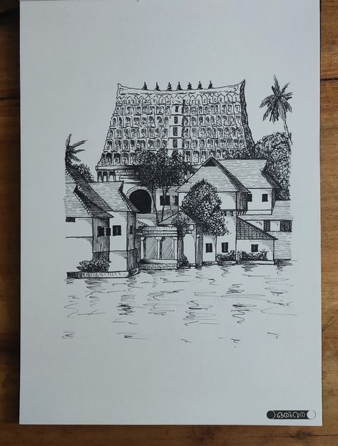 Simple Temple Drawing, Temple Sketches Indian Easy, Temple Drawing Indian, Kerala Piravi Drawings, Temple Art Drawing, Temple Drawing Indian Simple, Temple Sketches Indian, South Indian Temple Sketch, South Indian Temple Illustration