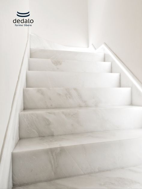 Carrara White Marble Stair. #marbletiles #marble #steps #stairways Ceramic Stairs Modern, Marble Stairs Design Modern, Stairs Marble Design, Marble Stairs Design, White Marble Stairs, Stairs Marble, Tiles Stairs, Scale In Pietra, Granite Stairs