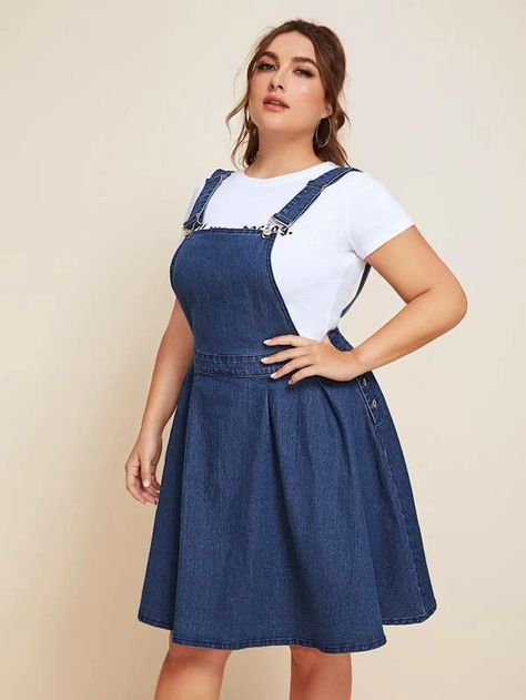 Plus Button Side Pinafore Denim Dress | SHEIN USA Denim Pinafore Dress Outfit, Plus Size Pinafore Dress, Plus Size Pinafore, Pinafore Dress Outfit, Pinafore Dress Pattern, Denim Dresses Online, Plus Size Jumpers, Denim Pinafore Dress, Denim Pinafore