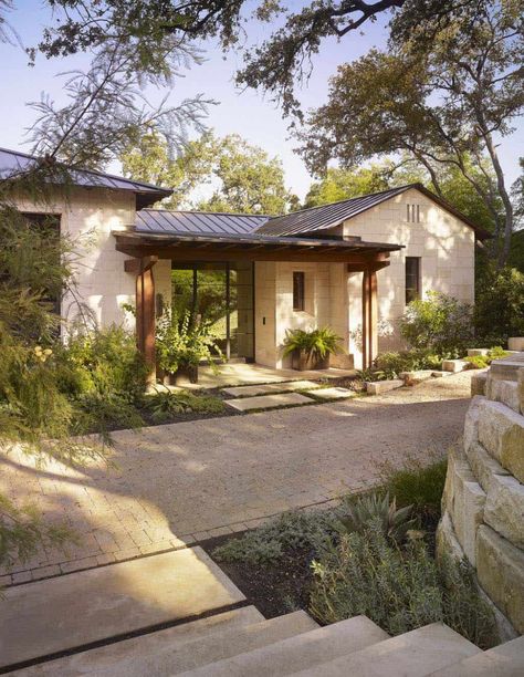 Stunning rustic modern home nestled on beautiful Lake Austin, Texas Brick Ranch Remodel, Rustic Modern Home, Open Porch, Exterior House Colors With Stone, Hill Country Homes, Ranch Remodel, European Style Homes, Brick Ranch, Mediterranean Style Homes