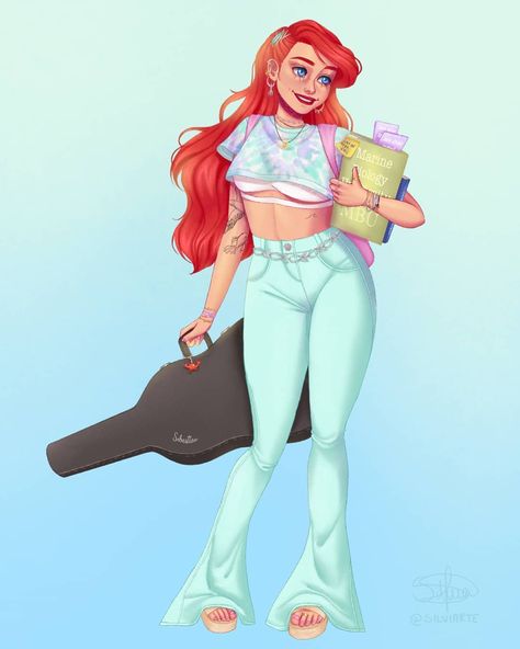 Silvia's art 🧚🏻‍♀️ on Instagram: “My take on modern Ariel! 🌊🌊 I really enjoyed this palette 💛 Which of the princesses modern outfits (by me) is your favorite so far? .…” Modern Ariel, Disney Princess Challenge, Disney Princess Villains, Alternative Disney Princesses, Disney Movie Characters, Alternative Disney, Disney Wallpapers, Disney Princess Modern, Mermaid Disney